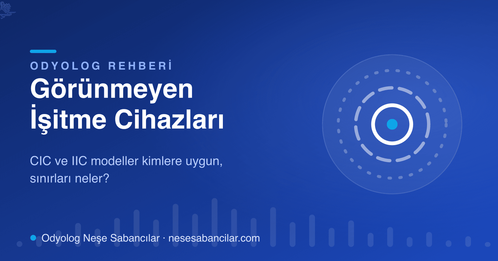 Görünmeyen işitme cihazları yazısının kapak tasarımı: dışa doğru silikleşen iç içe halkalarla görünmezlik teması - Neşe Sabancılar İşitme Sağlığı
